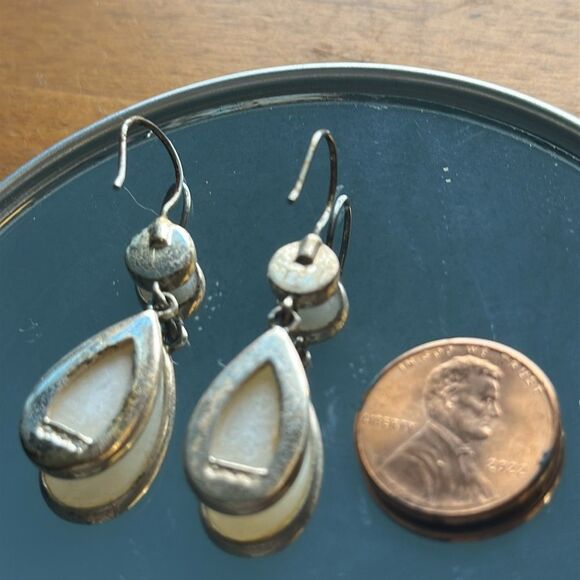 Mother of Pearl & Silver Tone Teardrop Wire Earrings - Picture 2 of 4